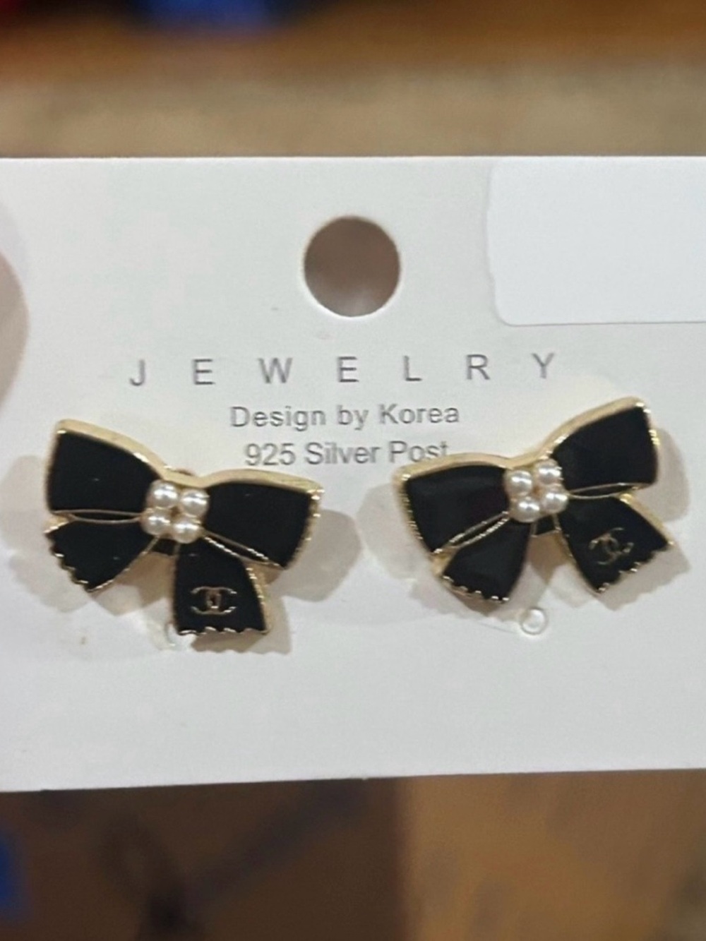 Fashion Jewelry Black Bow Pearl Accent Stud Earrings, 925 post - Picture 2 of 2